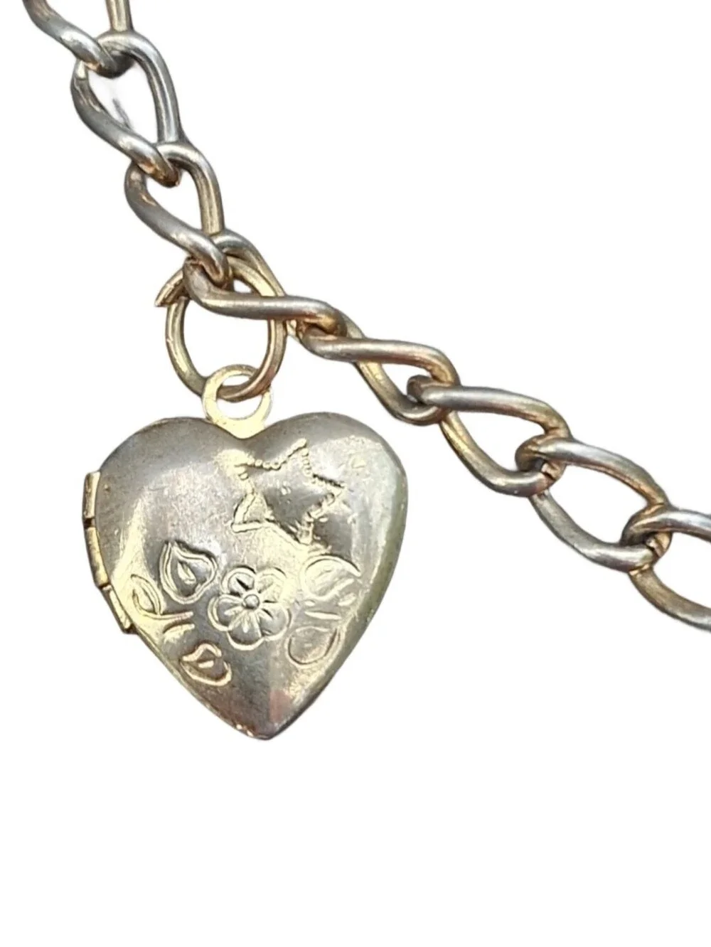 Vintage Heart Charm Bracelet Gold Tone Locket Rose Faux Pearl Rhinestone